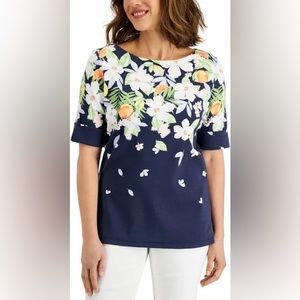 NWT Karen Scott Fiji Getaway navy blue floral top